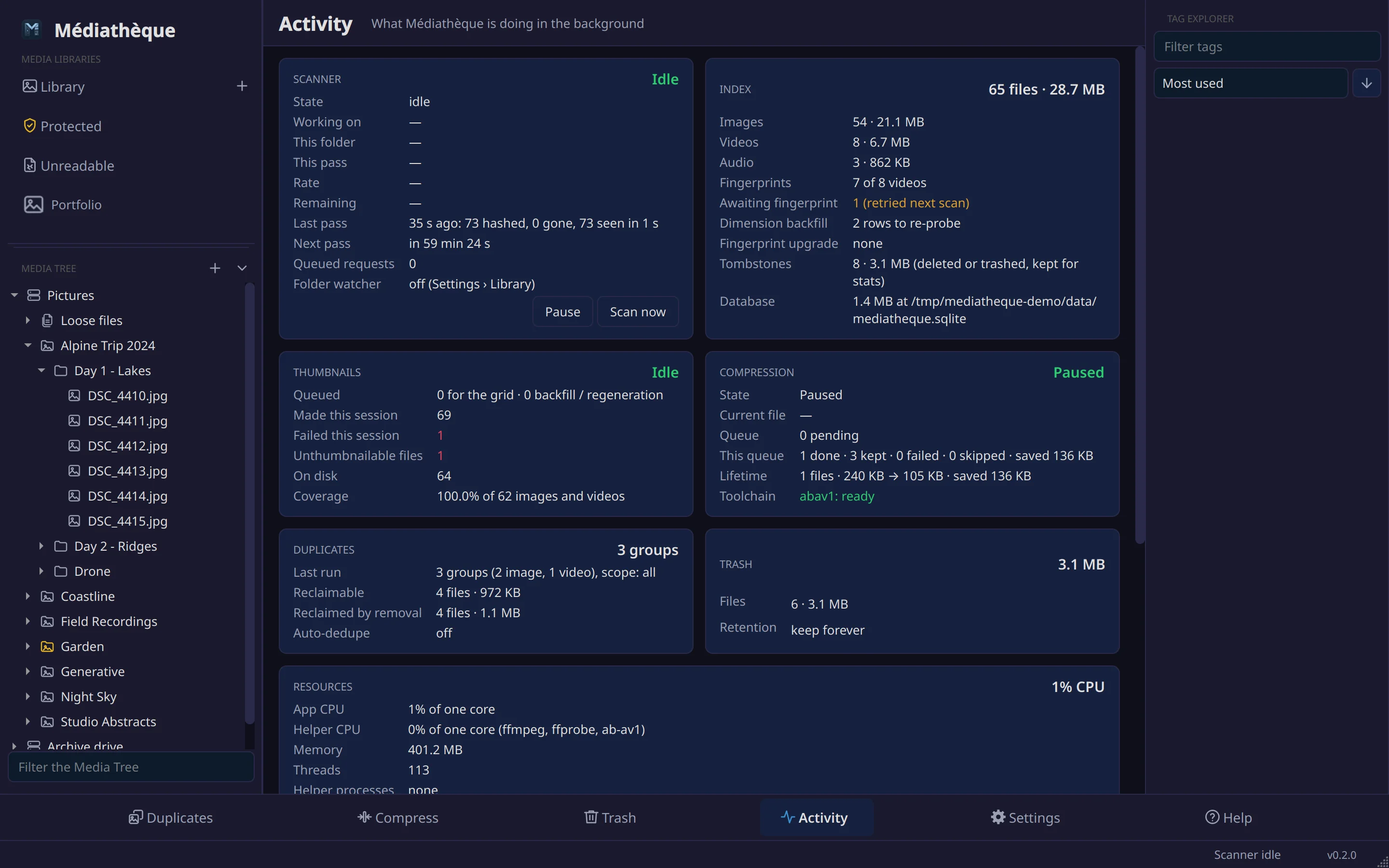 The Activity page with background task status and recent activity.