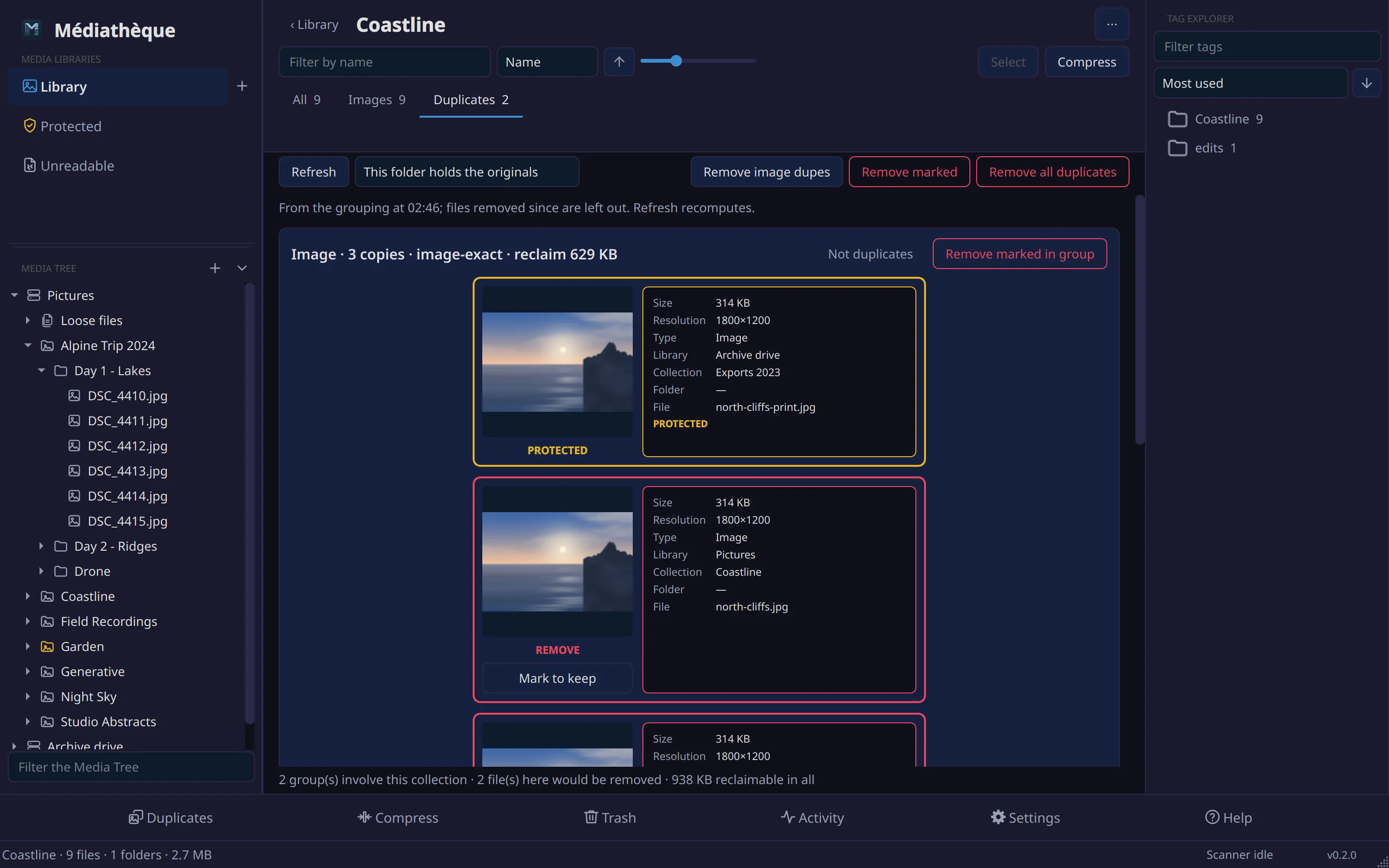 A collection's Duplicates tab with the folder role switch and the groups involving that collection.